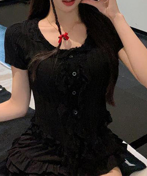 レースフリルニットトップスショート丈夏服 サマーニットレディース ラッフルレースニットソー 甘めコーデ お洒落 コンパクト タイトニット 半袖ニットTシャツ韓国風 6SENZHU-001